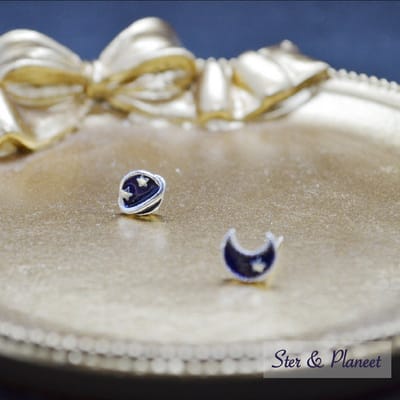 Gading® meisje oorknopjes - dames oorknoppen met ster & Planeet -donkerblauw- 8mm- 925 zilver
