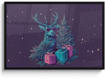 Poster in lijst - Fotolijst 120x80 cm - Posters - Rendier - Zonnebril - Neon - Kerstboom - Posterlijst zwart - Decoratie - Wanddecoratie woonkamer - Muurdecoratie slaapkamer - Kerstversiering - Kerstdecoratie voor binnen - Kerstmis