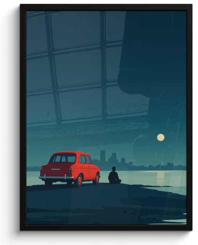 Poster in lijst - Fotolijst 60x80 cm - Posters - Auto - Volle maan - Uitkijkend over water - Posterlijst zwart - Decoratie - Wanddecoratie woonkamer - Muurdecoratie slaapkamer