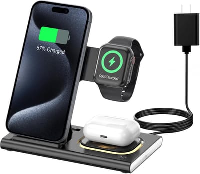 3-in-1 oplaadstation geschikt voor iPhone 17 – Draadloze oplader geschikt voor Apple-apparaten (iPhone 17, 16, 15, 14, 13, 12, 11 Pro Max) – Opvouwbare draadloze oplaadstandaard geschikt voorApple Watch-series en AirPods