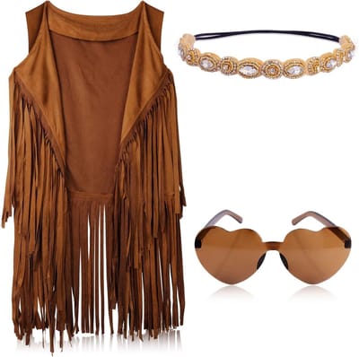Dailygoods- Hippie Kostuum Set - Boho Outfit met Franje Vest - Hoofdband - Hart Zonnebril - Oorbellen met Luipaardpatroon - Duurzaam en Herbruikbaar