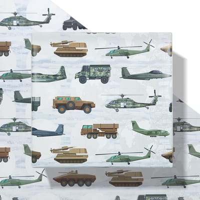 Dailygoods- Cadeaupapier Verjaardag - Camouflage Inpakpapier - 4 Vellen 50 x 70 cm - Tanks/Helikopters/Straaljagers - Geschikt voor Kinderen/Jongens - Sterk en Netjes Vouwbaar
