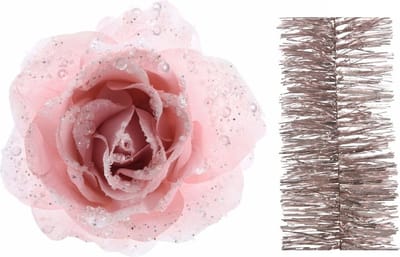 Kerstversiering kunststof glitter bloemen op clip 14 cm en folieslingers pakket lichtroze van 5x stuks - Kerstboomversiering