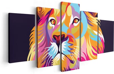 Artaza Canvas Schilderij Vijfluik Gekleurde Leeuw - Leeuwenkop - Abstract - 100x50 - Foto Op Canvas - Canvas Print