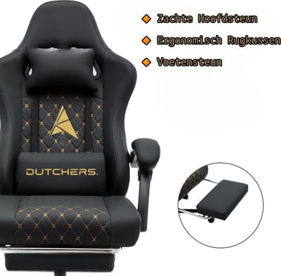 Dutchers® Ergonomische bureaustoel - Metalen Onderstel - met wieltjes - Gamestoel – Draaistoel – Kantelfunctie – Hoogteverstelling - Gevoerde armleuningen - Executive stoel - Zwart