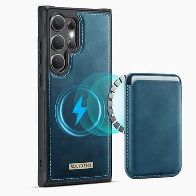 Solidenz Luxe Wallet geschikt voor Samsung Galaxy S24 Ultra hoesje - Magnetische Pasjeshouder - Geschikt voor MagSafe - Schokbestendig - Blauw