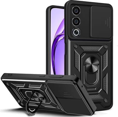 Casemania Hoesje Geschikt voor Oppo A80 - Zwart - Anti-Shock Hybrid Armor Back Cover - Hoes met Kickstand Ring en Camera Bescherming