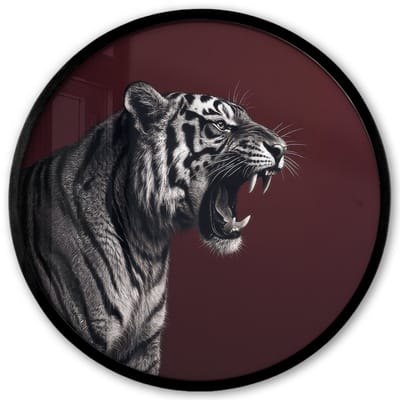 Poster in lijst Rond - Fotolijst 40x40 cm - Posters - Tijger - Brult - Bordeaux - Ronde posterlijst zwart - Decoratie - Wanddecoratie woonkamer - Muurdecoratie slaapkamer