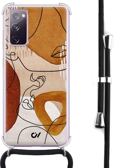Telefoonhoesje met koord geschikt voor Samsung S20 FE - Abstract Shape Faces - Inclusief koord - Transparant, Bruin - - Crossbody beschermhoes - Met Telefoonketting