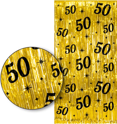 LUQ – 50 Jaar Franjes Gordijn – Goud & Zwart Tinsel Curtain 2x1 m – Luxe feestdecoratie voor verjaardag/birthday party.