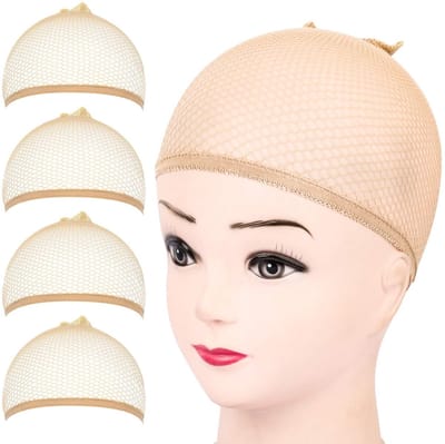 Oneay 4-delige pruikmuts - Beige mesh pruikmuts, gesloten mesh pruikmuts met gebreide voering, geschikt voor mannen en vrouwen