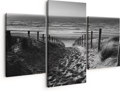 Artaza Canvas Schilderij Drieluik Voetpad in de Duinen met Strand en Zee - Zwart Wit - 150x120 - Groot - Foto Op Canvas - Canvas Print