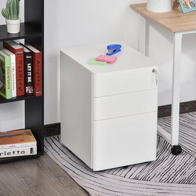 Pugsdrly Rolcontainer, mobiele archiefkast met 3 laden, afsluitbare kantoorkast met hangmappen, opbergruimte, staal, 39 x 48 x 59 cm wit