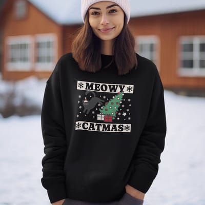 Foute Kersttrui - Kleur Zwart - Meowy Catmas - Maat XS - Uniseks Pasvorm - Kerstkleding voor Dames & Heren