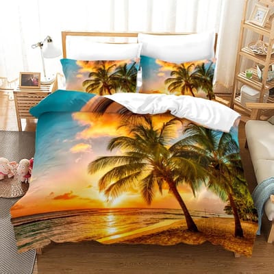 Strand Zonsondergang Dekbedovertrek Set Tropisch Eiland Met De Palmboom En Zee Strand Natuur Thema Queen Size Dekbedovertrek 200x200cm