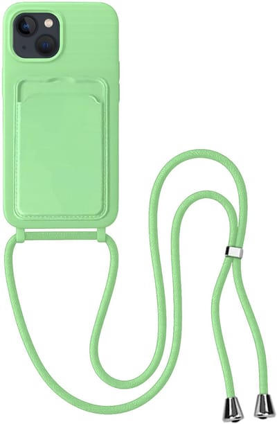 Hoes Geschikt voor iPhone 13 Hoesje Pas Houder Case Hoes Met Koord - Hoesje Geschikt voor iPhone 13 Hoes Met Telefoonkoord Pasjeshouder Cover - Groen