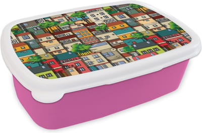 Broodtrommel Roze - Lunchbox - Brooddoos - Patronen - Huis - Boom - Jongens - Kinderen - Kids - 18x12x6 cm - Kinderen - Meisje