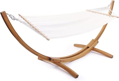 Hangmat met houten steun - Katoenen doek - 1-persoons - Ecru - 3 m lang