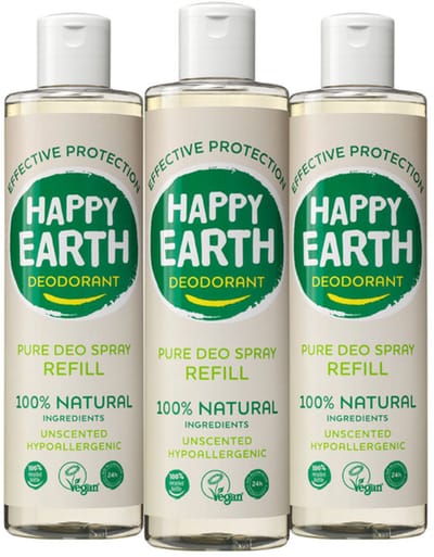 Happy Earth 100% Natuurlijke Deo Spray Navulling Unscented - 3 x 300 ml - Voordeelverpakking