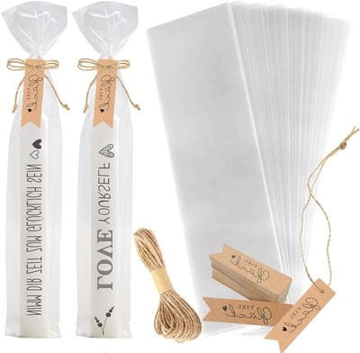 100 Cellofaanzakjes 32 x 10 cm met 100 Kraft Papieren Cadeau Labels, Jute Touw, Transparante Cadeauzakjes voor Kaarsen, Kerst, Verjaardag en Feestjes