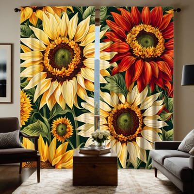 2 pièces HD rideau décoratif tournesol fleur de jardin complet Jaune à nouer rideau imprimé numérique Décoration de style décoration de maison l W52H63inchW132H160cm beige