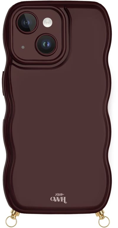 xoxo Wildhearts Glossy Wavy Cord Case Burgundy telefoonhoesje - Geschikt voor iPhone 13 - Golvend hoesje geschikt voor telefoonkoord - Glimmende silicone case met golven - Vlekbestendig hoesje met haakjes - Burgundy / Bordeaux Rood
