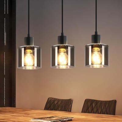 Glitzerlife - Hanglampen - Vintage industrieel design - Hanglamp - verstelbare hoogte - 3xE27 - rookglas en ijzer - Ø11cm - zwart - hanglampen eetkamer woonkamer industrieel