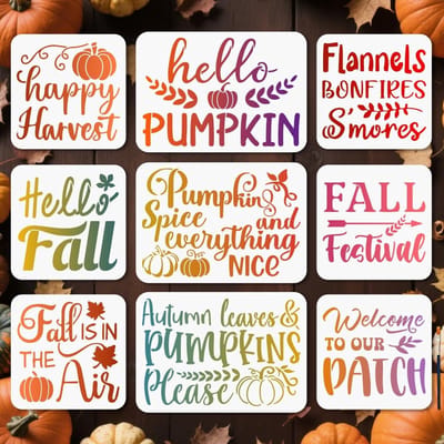 Dailygoods- Herfstsjablonen 9 Stuks - Herbruikbaar Kunststof - Pompoen/Esdoornbladeren - Schilderen - Muur/Vloer/Hout - Inclusief Kwast - Schildersjablonen
