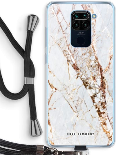 Case Company® - Hoesje met koord geschikt voor Xiaomi Redmi Note 9 hoesje met Koord - Goud marmer - Telefoonhoesje met Zwart Koord - Bescherming aan alle Kanten en Over de Schermrand