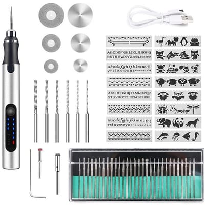 QTTVBTNA - 1 Stuk USB-Oplaadbare Gravure Pen - Draadloze Mini Graveer Tool - Voor Hout, Metaal, Glas & Sieraden - Compact - Handig DIY & Klusgereedschap met Accessoires - Zilver