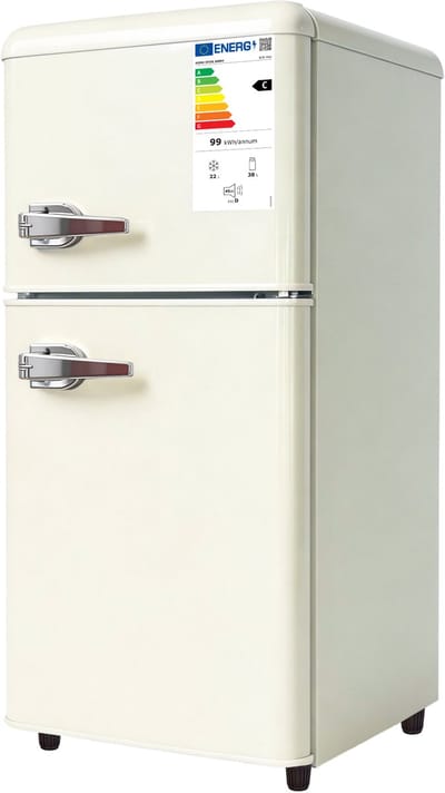 Crème Mini Koelkast - 60 liter dubbeldeurs koelkast - Met Apart Vriesvak en 7 Temperatuurstanden - Voor Keuken, Woonkamer & Kantoor - 41x45x89 cm
