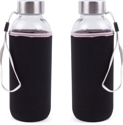 Narvie - Set van 2 Glazen Drinkflessen met Zwarte Softshell Beschermhoes - 420 ml Waterfles - Sportfles/Bidon
