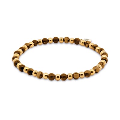 CO88 Colection 8CB-91026 Stalen Armband met Kralen - Dames - Goudkleurig - 3,5 mm - Tijgeroog - 4 mm - 17 cm - Rekbaar - Bruin