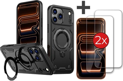 Hoesje Geschikt voor iPhone 17 Pro Max met 2 Stuks gehard glas Screenprotector - Armor hoes met Ringhouder - Arara backcover - Zwart