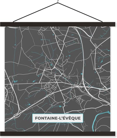 Posterhanger incl. Poster 60x60 cm - Schoolplaat - Stadskaart – Grijs - Kaart – Fontaine l'Évêque– België – Plattegrond - Textielposter - Zwarte latten - Stadskaart