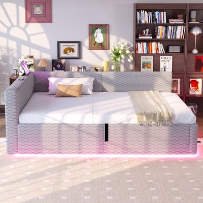 VVBV Gestoffeerd Opbergbed 90x200 cm - Hydraulische Opbergruimte, LED-Verlichting - Fluweel Grijs/Eiken - Zonder Matras