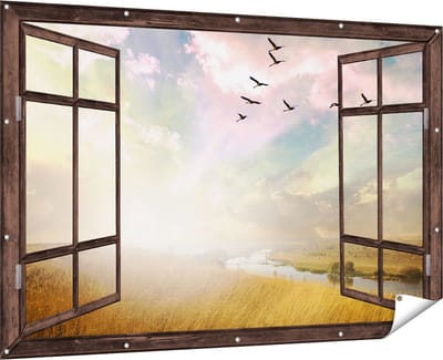 Gards Tuinposter Doorkijk Groep Vogels Vliegen Boven het Gras - 180x120 cm - Tuindoek - Tuindecoratie - Wanddecoratie buiten - Tuinschilderij
