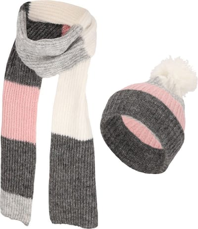 Wintersetje Meisjes Sjaal & Muts Roze-Grijs Met Wit