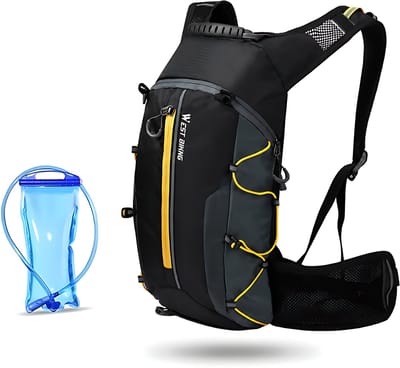 CarryQuest® - 16L Opvouwbare Fietsrugzak + 2L Waterzak - Waterafstotende Nylon Hydratierugzak met Ademend Rugpaneel, Borstband & Heuptas - 44x26x9 cm - Zwart/Geel