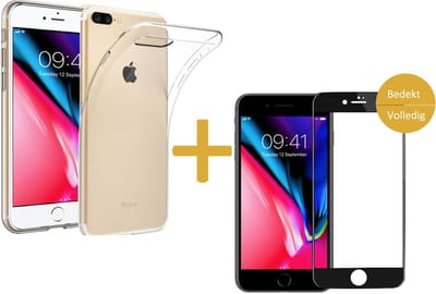 Hoesje geschikt voor Apple iPhone 8 Plus - Siliconen Transparant Hoesje Gel Soft TPU Case Backcover + Full Screen Zwart Tempered Glass Screenprotector 3D 9H (Gehard Glas Screen Protector) - 360 graden protectie