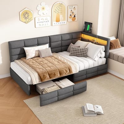 Eenpersoonsbed met Opbergruimte - Logeerbed Dagbed - Moderne Slaapkamer - Geïntegreerde LED en USB - 90 x 200 cm - Grijs