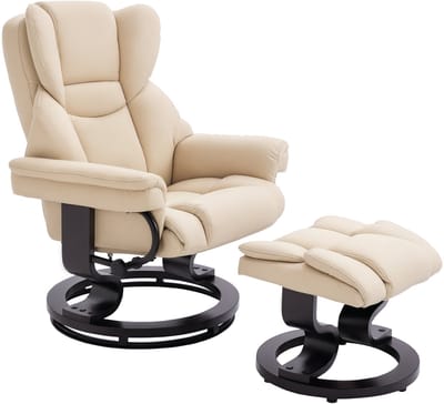 HOMCOM-Relaxsessel mit Hocker-Stahl, Holz, Kunstleder, Schaumstoff-80L x 79B x 100H cm-Cremeweiß