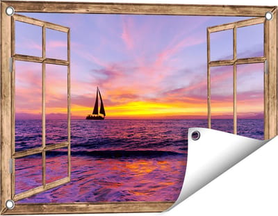 Gards Tuinposter Doorkijk Zeilboot Silhouet bij Zonsondergang - 60x40 cm - Tuindoek - Tuindecoratie - Wanddecoratie buiten - Tuinschilderij
