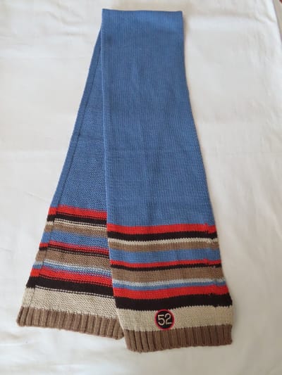 Sjaal - Kinderen - Jongens - Blauw afgewerkt met ecru, beige , bruin - 16 cm op 125 cm