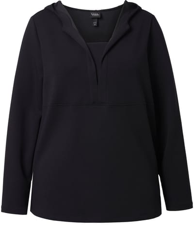 Ulla Popken - Dames - Sweatshirt capuchon V-hals lange mouwen modalmix - Zwart - Maat 46+