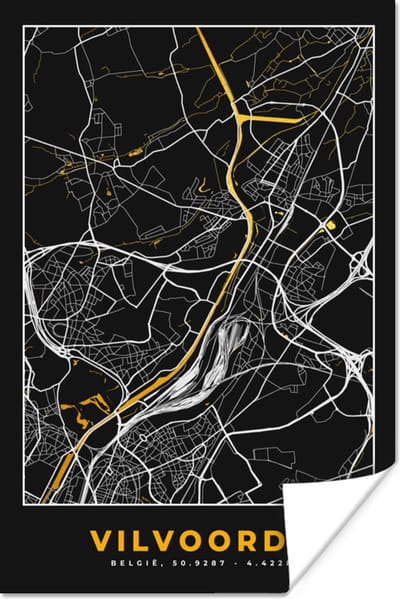 Poster Stadskaart - Vilvoorde - Plattegrond - Kaart - Goud - 120x180 cm XXL