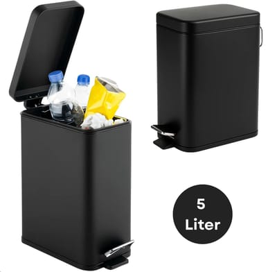 Lomera Pedaalemmer Zwart - 5 Liter Prullenbak - Mat Zwart - Pedaalemmer met Voetpedaal - Losse Binnenemmer - Metaal Afvalbak - Afvalemmer - Draagbeugel Achterzijde - Compacte Prullenbak - Kleine Vuilnisbak
