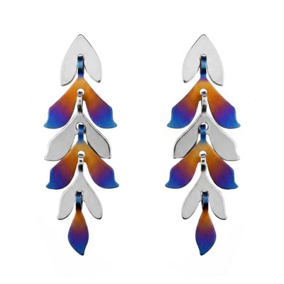 Cavill - Titanium en 925 Zilveren Oorbellen Dames - Hypoallergeen - Bladvormig met Uniek Blauw-Oranje-Geel Kleurverloop - Lichtgewicht & Modern