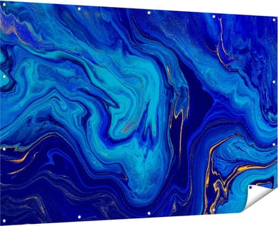 Gards Tuinposter Abstracte Kunst - Blauw met Gouden Verf - 180x120 cm - Tuindoek - Tuindecoratie - Wanddecoratie buiten - Tuinschilderij