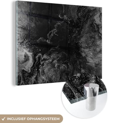 Glasschilderij - Zwart - Graniet - Steen - Wit - 160x120 cm - Foto op glas - Kamerdecoratie